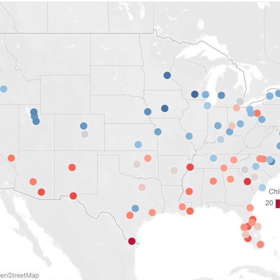 Map showing Child Opportunity Scores for 100 largest U.S. metros